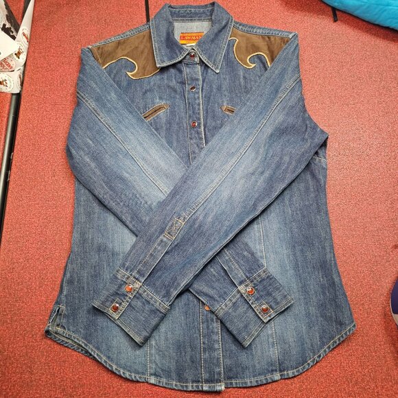 Vtg Lawman Western Pearl Snap Denim Shirt L Faux Suede Rodeo Retro Rockabilly - Picture 9 of 11